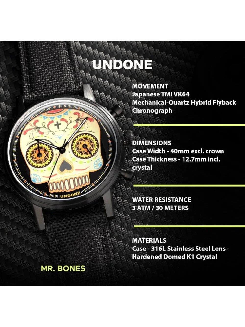 Undone Urban Collection Chronograph Mens Skeleton Dial Black Leather Strap Analo